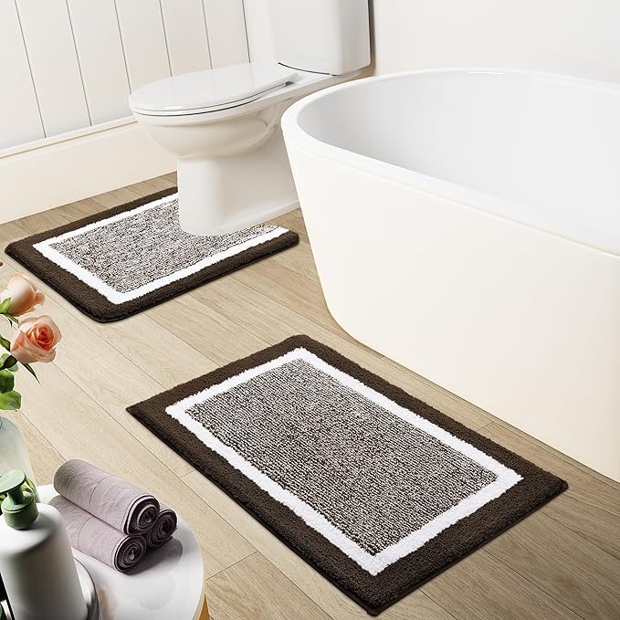 OLANLY Toilet Rugs U-Shaped 24x20, Extra Soft and Absorbent Microfiber Bathroom Rugs, Non-Slip, Machine Wash Dry, Plush Shaggy Contour Bath Mats for Toilet Base (Brown and White)