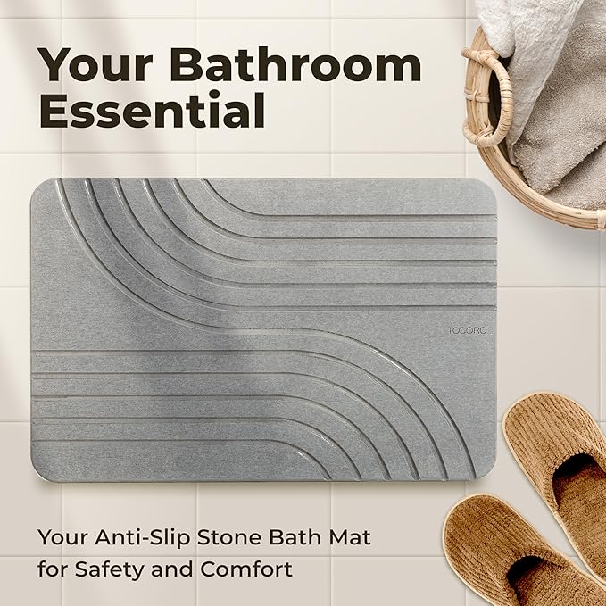 Stone Bath Mat, Diatomaceous Earth Non-Slip Stone Shower Mat - Quick Drying Absorbent Bath Mats for Bathroom - Elegant & Modern Design, Easy to Clean (23.5 x 15) - Graphite, 2pcs