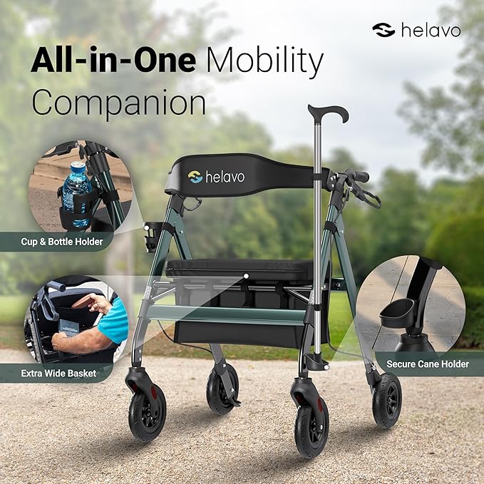 Helavo Bariatric Walker with Large, Height-Adjustable Seat, 500 lbs Weight Capacity, 8-inch Wheels, 28-inch Wide - Extra Wide Heavy Duty Rollator for Seniors