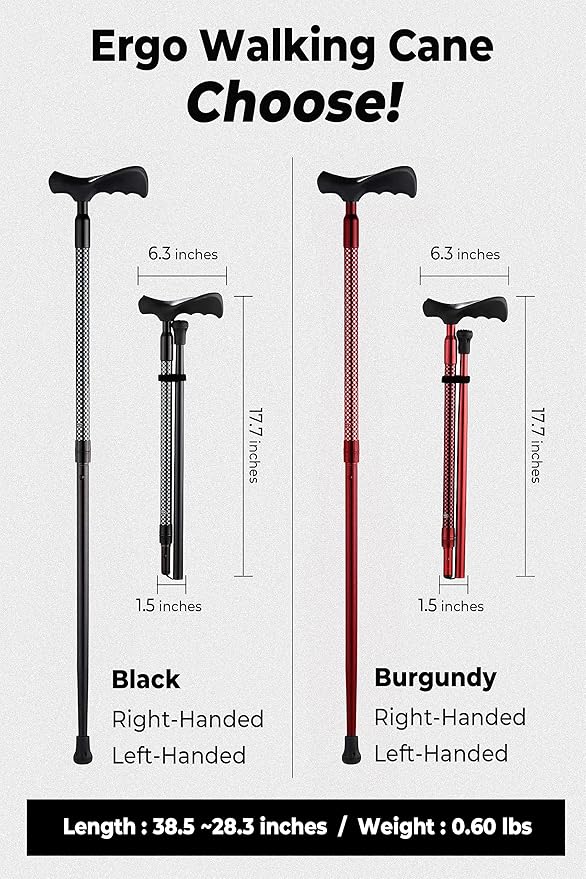 Ergo Walking Cane for Men & Women - Adjustable Foldable Walking Stick (Right-Handed Black Cane)