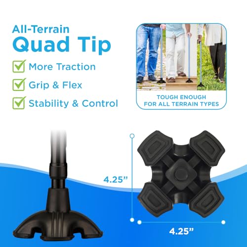 Nova Joy Designer Offset Quad Cane for Seniors - Unisex Adjustable Lightweight Walking Aid with Foam Handle, Wrist Strap and Anti-Rattle Lock - Essential Mobility Support - Black