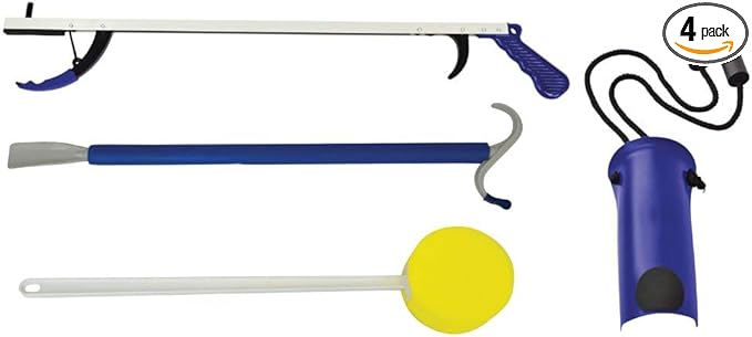 Blue Jay An Elite Healthcare Brand Bending Hip Kit 4 Piece Combo Pack Include 26 inch Reacher | Sock Aid with Foam Handles and Dressing Stick | Plastic Shoehorn for Surgery Recovery - 24 Inches