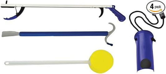 Blue Jay An Elite Healthcare Brand Bending Hip Kit 4 Piece Combo Pack Include 26 inch Reacher | Sock Aid with Foam Handles and Dressing Stick | Plastic Shoehorn for Surgery Recovery - 24 Inches