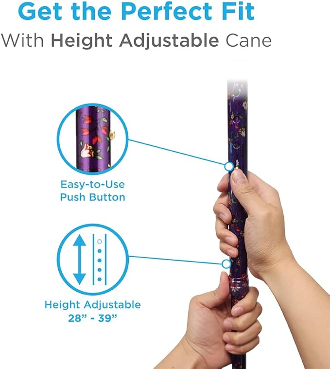 Nova Joy Designer Offset Walking Cane for Seniors - Unisex Adjustable Lightweight Aid with Foam Handle, Wrist Strap and Anti-Rattle Lock - Essential Mobility Support - Purple Bliss