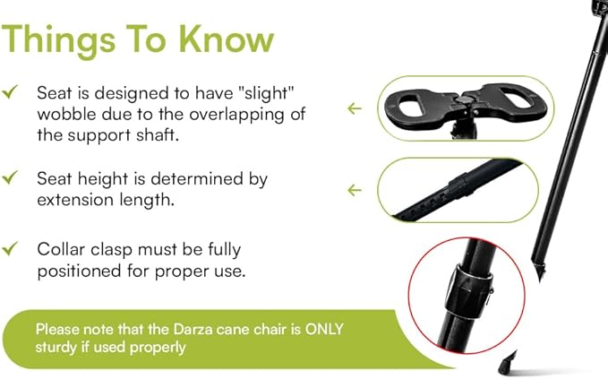 Darza Adjustable Cane with Seat - Walking Stick with Seat, Cane Stool, Lightweight Aluminum and Ergonomic Design, Includes Removable Cushion and Carry Bag with Pocket Storage