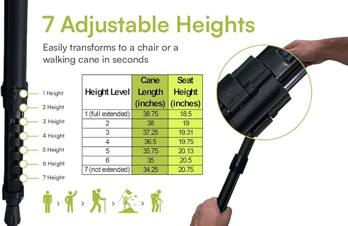 Darza Adjustable Cane with Seat - Walking Stick with Seat, Cane Stool, Lightweight Aluminum and Ergonomic Design, Includes Removable Cushion and Carry Bag with Pocket Storage