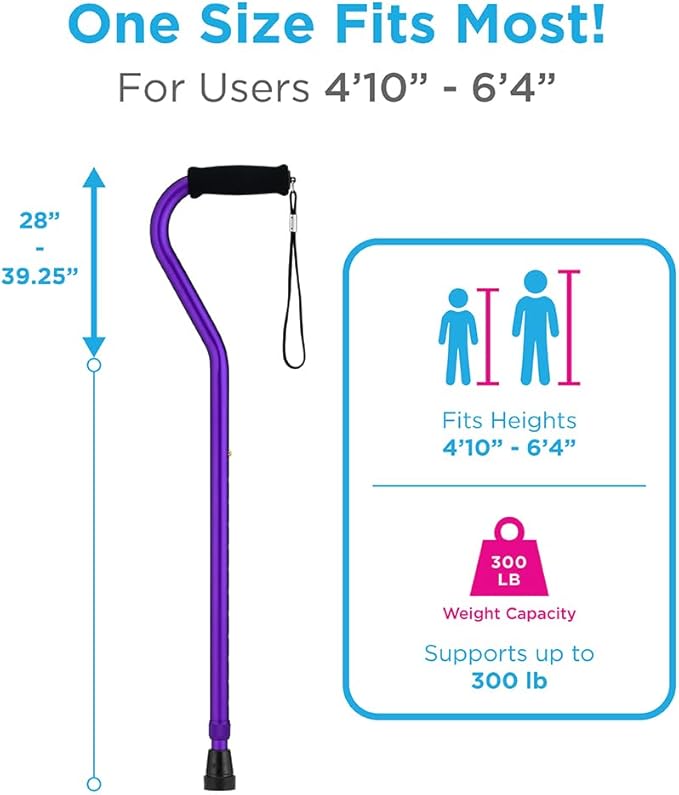 Nova Joy Designer Offset Walking Cane for Seniors - Unisex Adjustable Lightweight Aid with Foam Handle, Wrist Strap and Anti-Rattle Lock - Essential Mobility Support - Purple