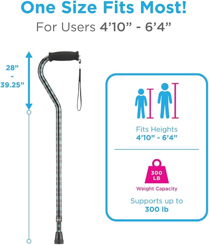 Nova Joy Designer Offset Walking Cane for Seniors - Unisex Adjustable Lightweight Aid with Foam Handle, Wrist Strap and Anti-Rattle Lock - Essential Mobility Support - Green Plaid