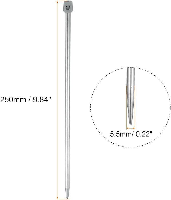 uxcell 4Pcs 5.5mm(I) Single Pointed Knitting Needles Stainless Steel 9.84 Inches Length Metal Weaving Tool for Handmade Projects DIY Knitting