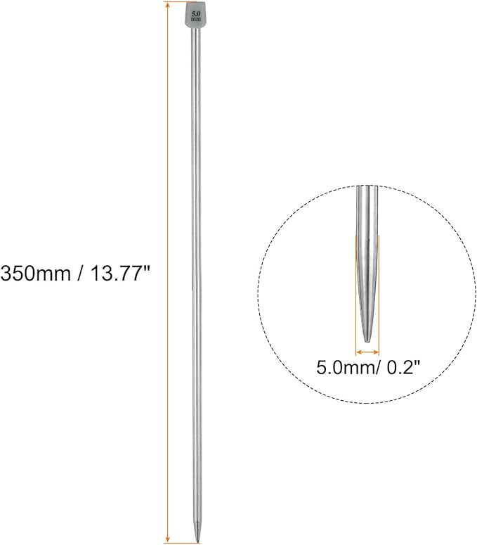uxcell 2Pcs 5mm(H) Single Pointed Knitting Needles Stainless Steel 13.8 Inches Length Metal Weaving Tool for Handmade Projects DIY Knitting