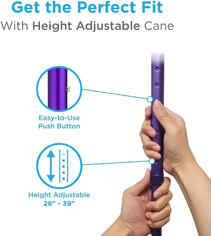 Nova Joy Designer Offset Walking Cane for Seniors - Unisex Adjustable Lightweight Aid with Foam Handle, Wrist Strap and Anti-Rattle Lock - Essential Mobility Support - Purple
