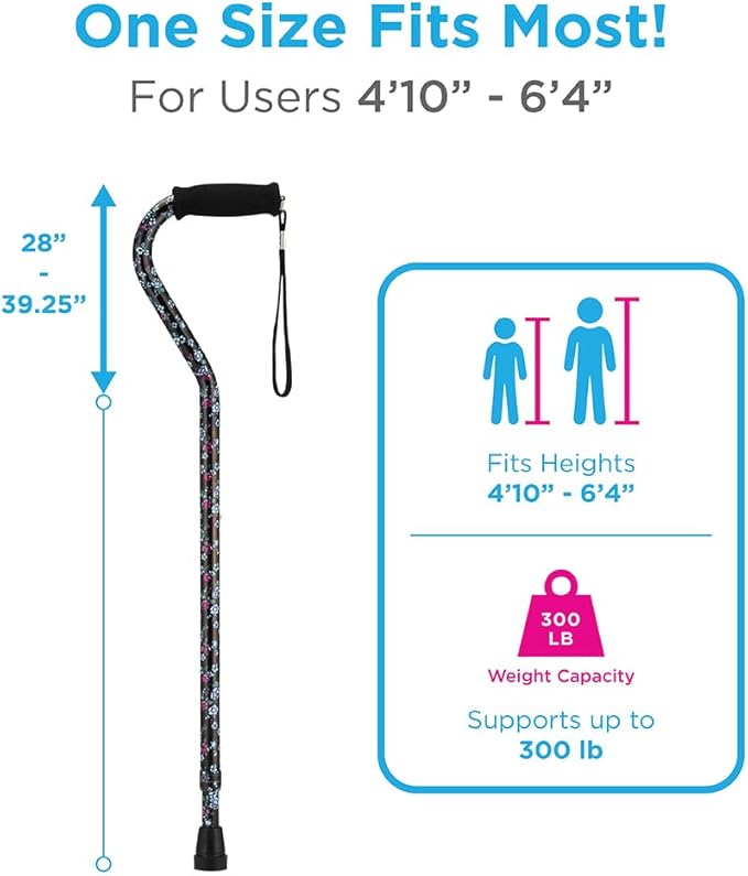 Nova Joy Designer Offset Walking Cane for Seniors - Unisex Adjustable Lightweight Aid with Foam Handle, Wrist Strap and Anti-Rattle Lock - Essential Mobility Support - Black with Flowers