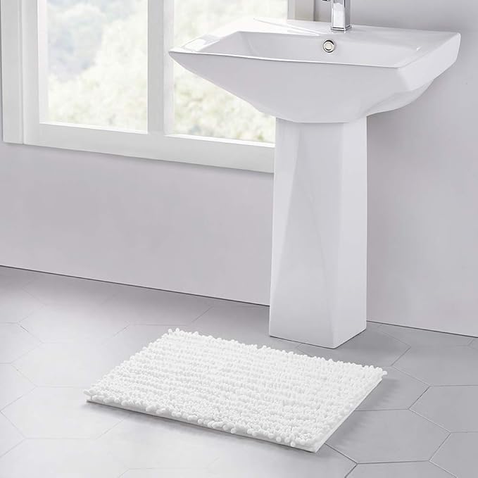 Walensee Bathroom Rug Non Slip Bath Mat (24x17 Inch White) Water Absorbent Super Soft Shaggy Chenille Machine Washable Dry Extra Thick Perfect Absorbant Best Small Plush Carpet for Shower Floor