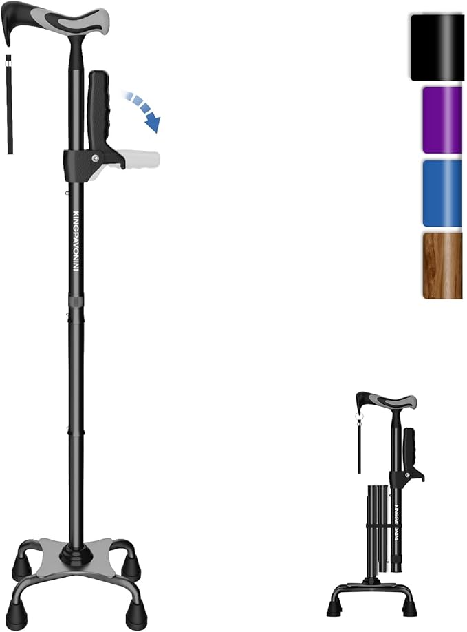 KingPavonini Walking Cane for Women/Men with Second Handle, Foldable & Adjustable Quad Cane with 4-Pronged Base for Standing, Lightweight Walking Aid for Seniors & Adults