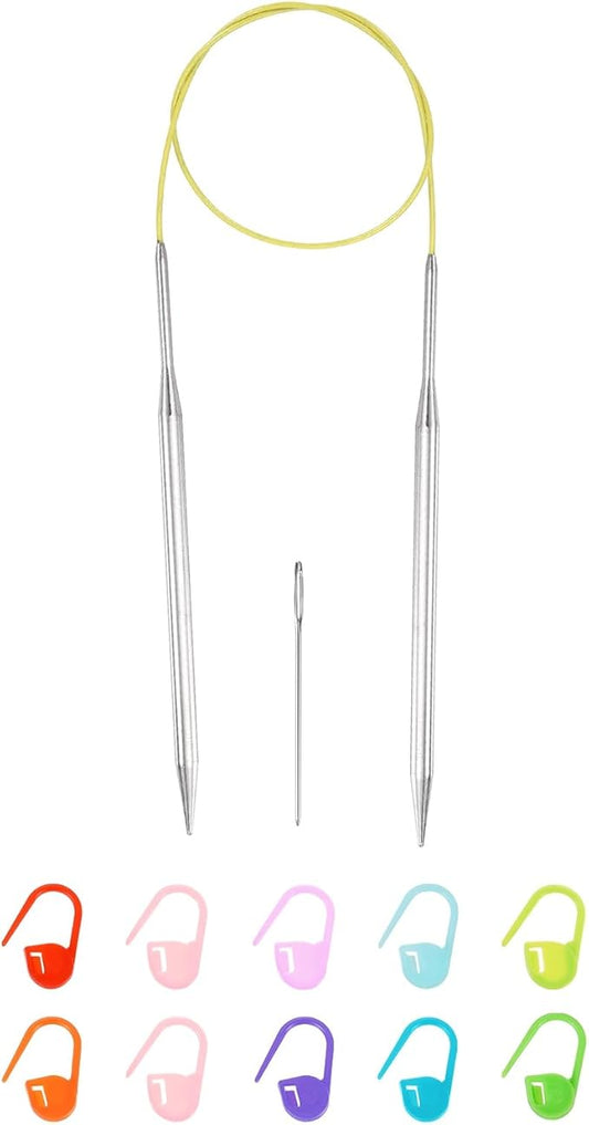 uxcell 10 Gauge Knitting Circular Needle 26 Inch(65cm) Metal Round Stainless Steel Needle with Large Eye Sewing & Stitch Markers for Handmade Projects DIY Knit Blankets