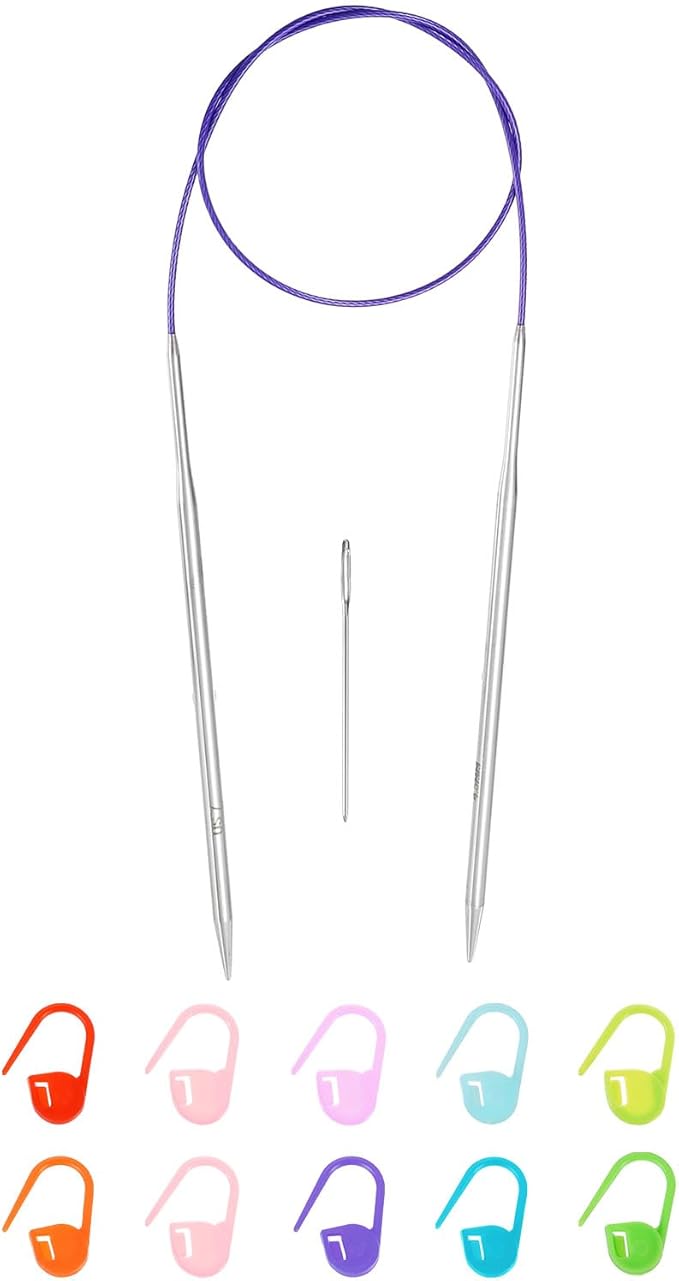 uxcell 7 Gauge Knitting Circular Needle 26 Inch(65cm) Metal Round Stainless Steel Needle with Large Eye Sewing & Stitch Markers for Handmade Projects DIY Knit Blankets