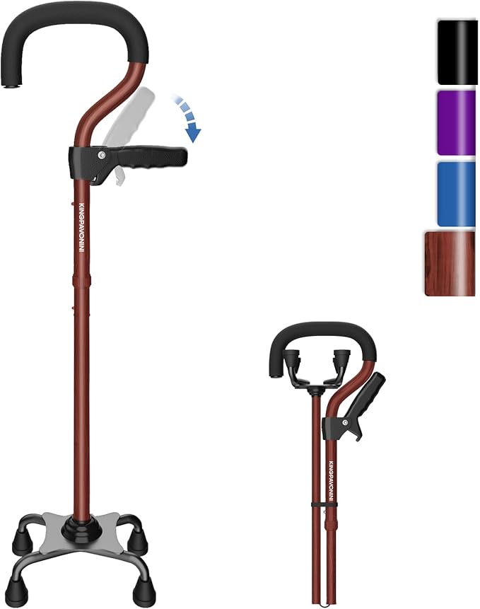 KingPavonini Canes for Women/Men with Second Handle, Foldable & Adjustable Walking Cane with 4-Pronged Base, Quad Cane for Stability, Standing, Balance, Leg Surgery Recovery