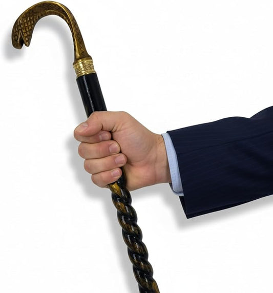 All Black Snake Handle Spiral Wooden Walking Cane