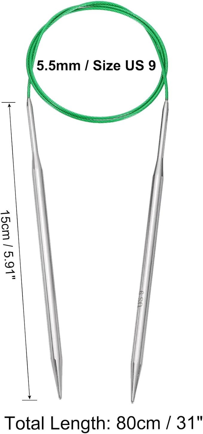 uxcell Size US 9 (5.5mm) Knitting Needles Circular Needle 31 Inch(80cm) Round Metal Stainless Steel Needle for Handmade Projects DIY Knitting Green