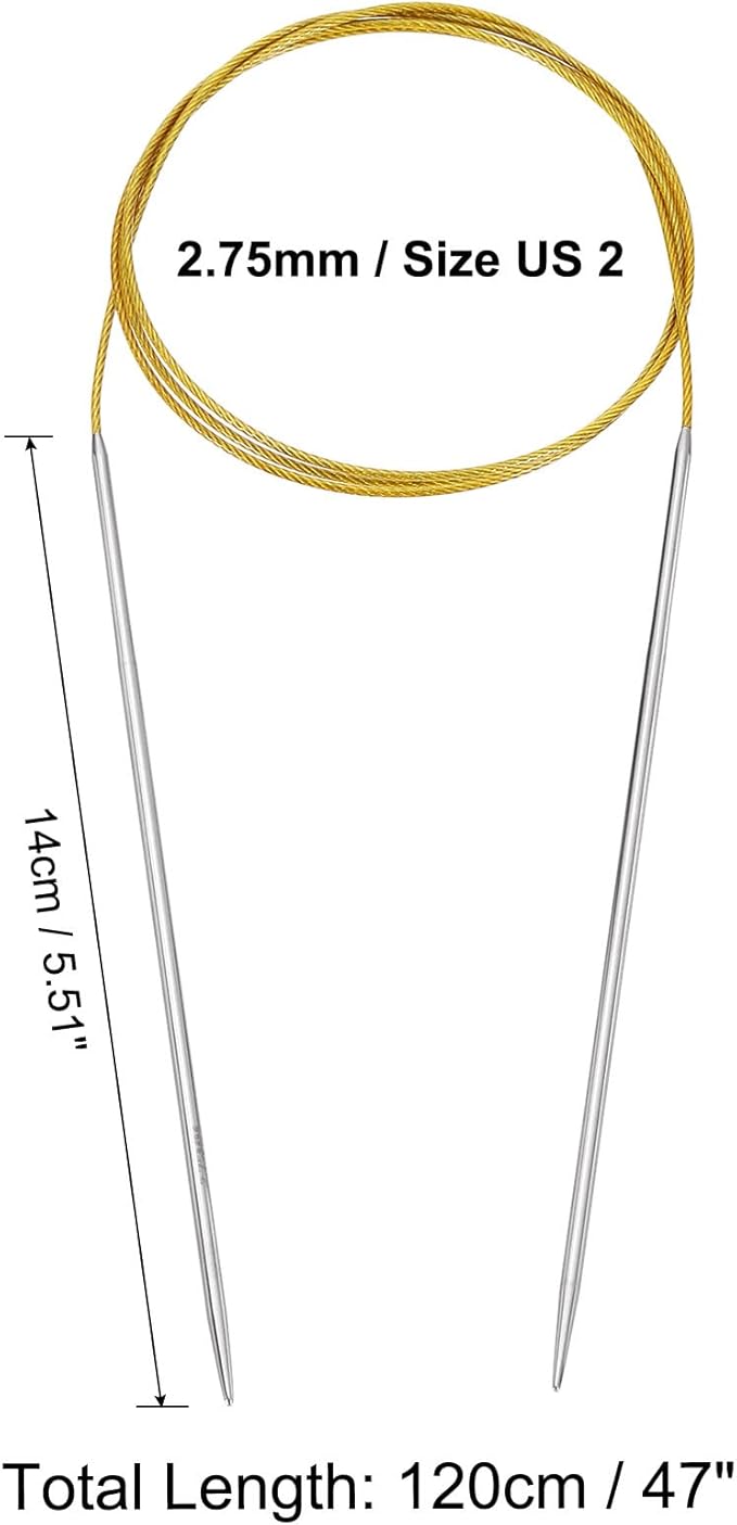 uxcell Size US 2 (2.75mm) Knitting Needles Circular Needle 47 Inch(120cm) Round Metal Stainless Steel Needle for Handmade Projects DIY Knitting Yellow