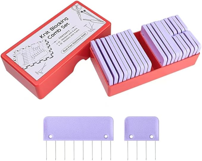 Mevome 25pcs Knit Blocking Pins Kit, White Blockers Combs 100 T-pins & Ruler for Knitting Crochet Projects Lace Needlework Block Tool for Blocking Mats Boards Accessories Device (Purple)