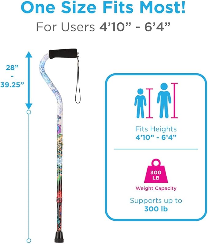 Nova Joy Designer Offset Walking Cane for Seniors - Unisex Adjustable Lightweight Aid with Foam Handle, Wrist Strap and Anti-Rattle Lock - Essential Mobility Support - Proud Peacock