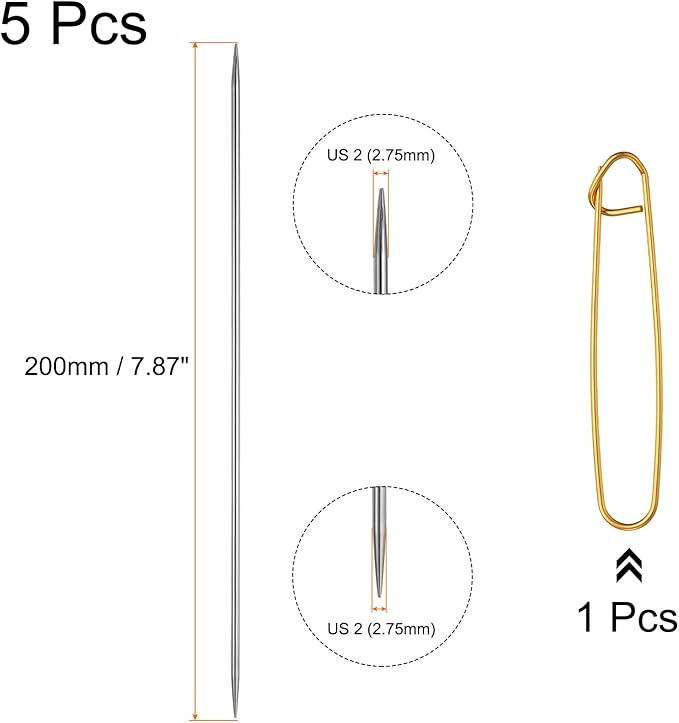 uxcell 5Pcs US 2(2.75mm) Double Pointed Knitting Needle 7.87 Inches Length Stainless Steel Sweater Stitching Needles with Stitch Holder for Handmade Projects DIY Knitting
