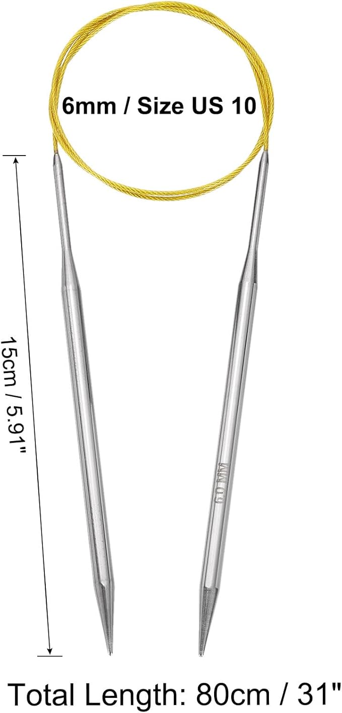 uxcell Size US 10 (6mm) Knitting Needles Circular Needle 31 Inch(80cm) Round Metal Stainless Steel Needle for Handmade Projects DIY Knitting Yellow