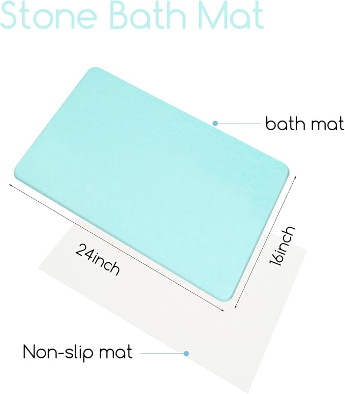 Stone Bath Mat 24"x16" - Diatomaceous Earth Shower Mat, Quick Dry, Anti-Slip, Modern Design with Bonus Non-Slip Pad - Perfect for Home Safety and Style, (Green)