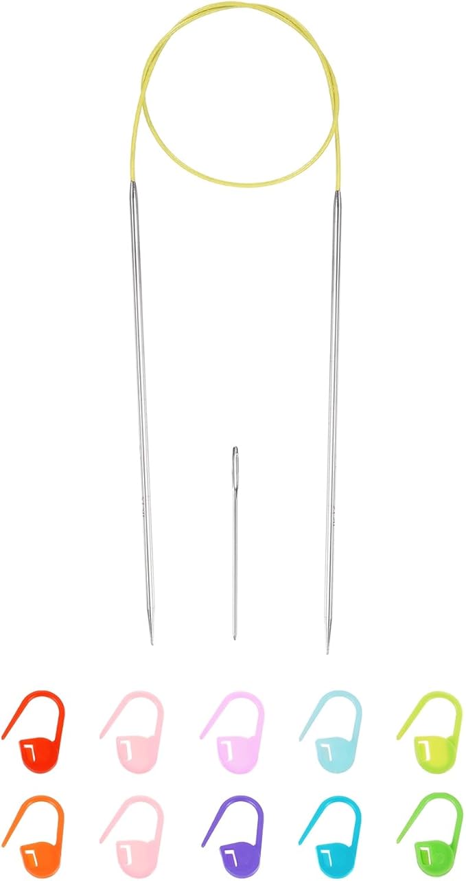 uxcell 1.5 Gauge Knitting Circular Needle 26 Inch(65cm) Metal Round Stainless Steel Needle with Large Eye Sewing & Stitch Markers for Handmade Projects DIY Knit Blankets