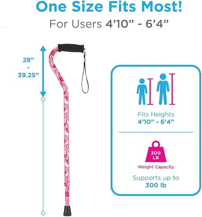 Nova Joy Designer Offset Walking Cane for Seniors - Unisex Adjustable Lightweight Aid with Foam Handle, Wrist Strap and Anti-Rattle Lock - Essential Mobility Support - Pink Petal Power