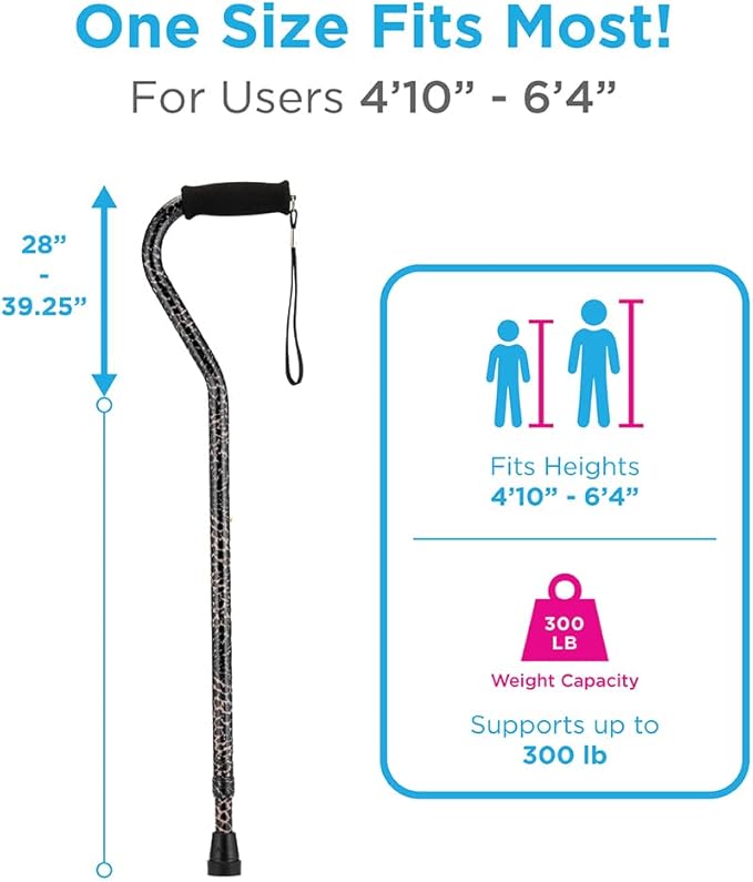 Nova Joy Designer Offset Walking Cane for Seniors - Unisex Adjustable Lightweight Aid with Foam Handle, Wrist Strap and Anti-Rattle Lock - Essential Mobility Support - Leopard