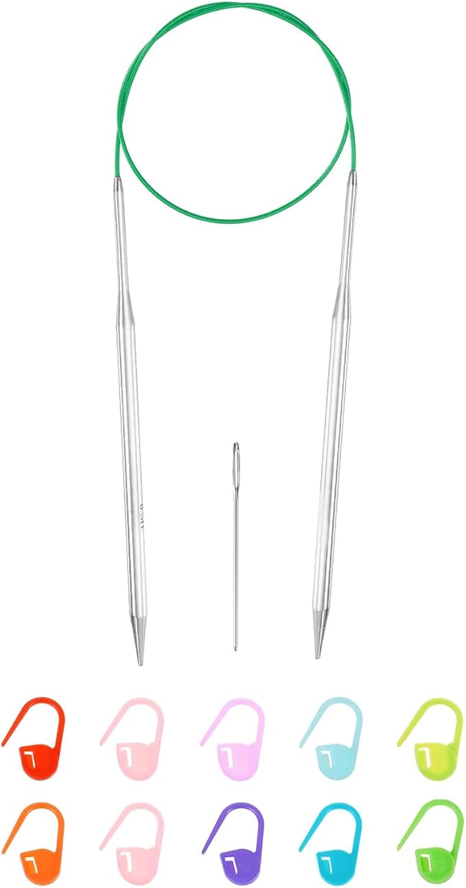 uxcell 9 Gauge Knitting Circular Needle 26 Inch(65cm) Metal Round Stainless Steel Needle with Large Eye Sewing & Stitch Markers for Handmade Projects DIY Knit Blankets