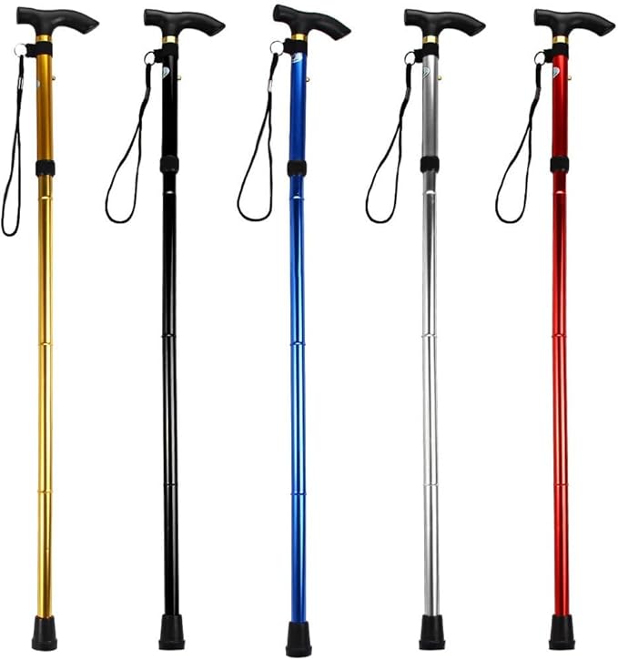 Folding Lightweight Walking Stick - Adjustable Aluminum Metal Collapsible Travel Cane with Non-Slip Rubber Base
