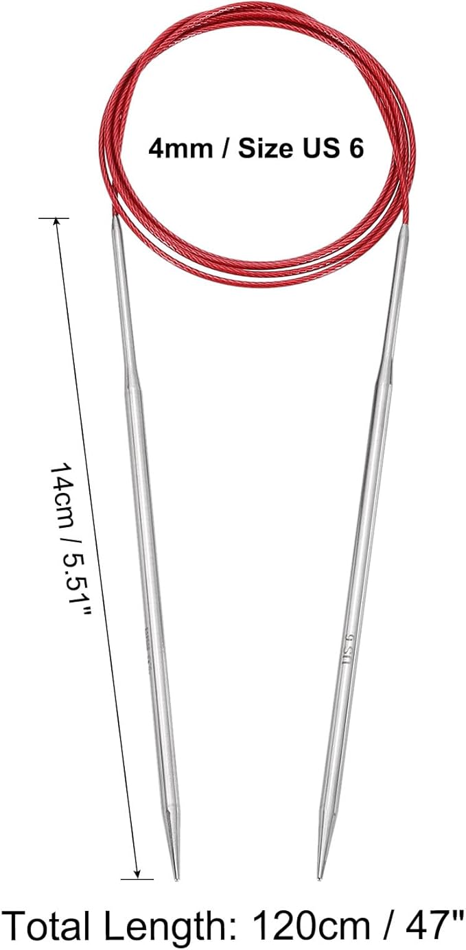 uxcell Size US 6 (4mm) Knitting Needles Circular Needle 47 Inch(120cm) Round Metal Stainless Steel Needle for Handmade Projects DIY Knitting Red