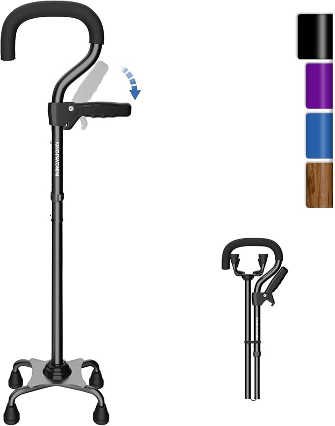 KingPavonini Canes for Women/Men with Second Handle, Foldable & Adjustable Walking Cane with 4-Pronged Base, Quad Cane for Stability, Standing, Balance, Leg Surgery Recovery