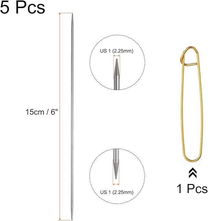 uxcell 5Pcs Knitting Needle Size US 1 (2.25mm) Diameter 6 Inches (15cm) Length Stainless Steel Double Pointed Sweater Stitching Needles with Stitch Holder for Handmade Projects DIY