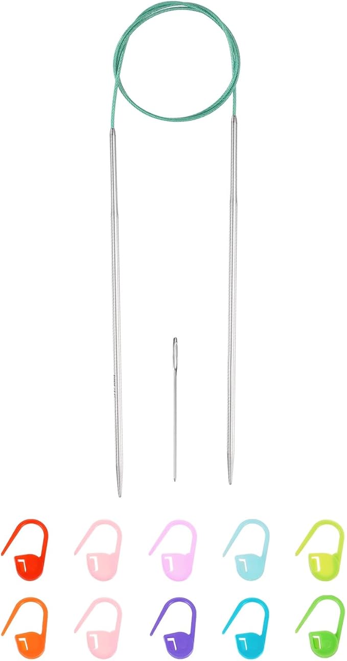 uxcell 2.5 Gauge Knitting Circular Needle 26 Inch(65cm) Metal Round Stainless Steel Needle with Large Eye Sewing & Stitch Markers for Handmade Projects DIY Knit Blankets