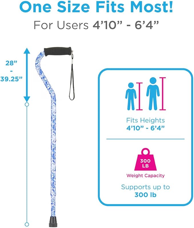 Nova Joy Designer Offset Walking Cane for Seniors - Unisex Adjustable Lightweight Aid with Foam Handle, Wrist Strap and Anti-Rattle Lock - Essential Mobility Support - Blue Porcelain