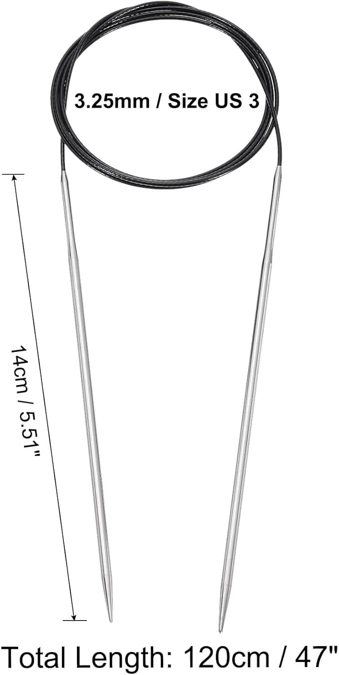 uxcell Size US 3 (3.25mm) Knitting Needles Circular Needle 47 Inch(120cm) Round Metal Stainless Steel Needle for Handmade Projects DIY Knitting Black