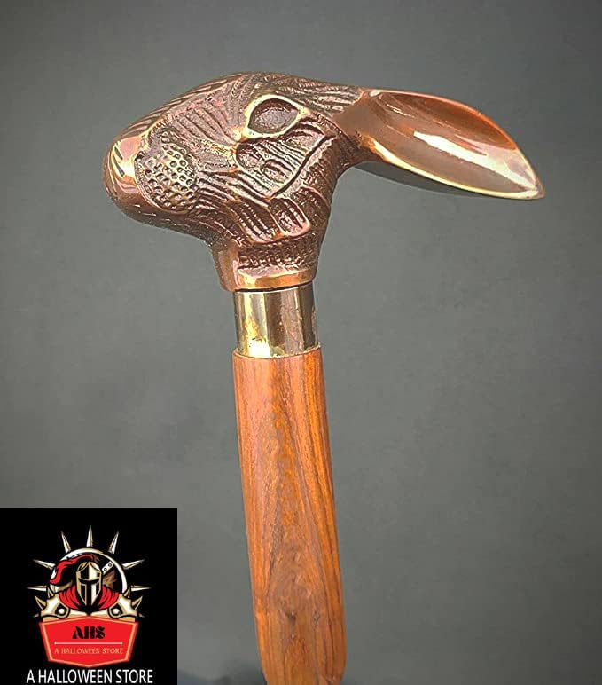 Copper Antique Bunny Head Handle Metal Jackrabbits Foldable Brown Spiral Rope Style Wooden Cane Walking Stick Ideal Vintage Gift for Men Women Grandfather/Grandmother