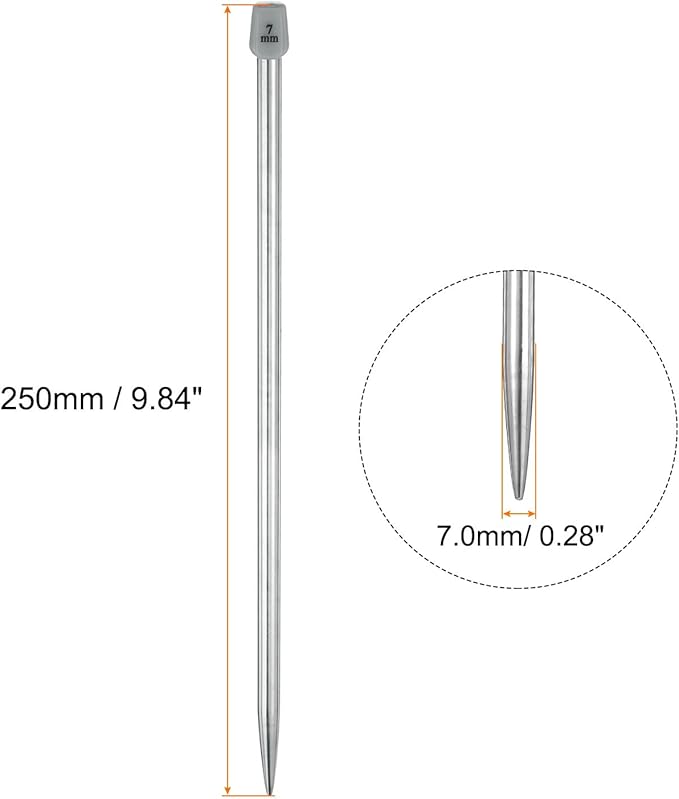 uxcell 2Pcs 7mm Single Pointed Knitting Needles Stainless Steel 9.84 Inches Length Metal Weaving Tool for Handmade Projects DIY Knitting