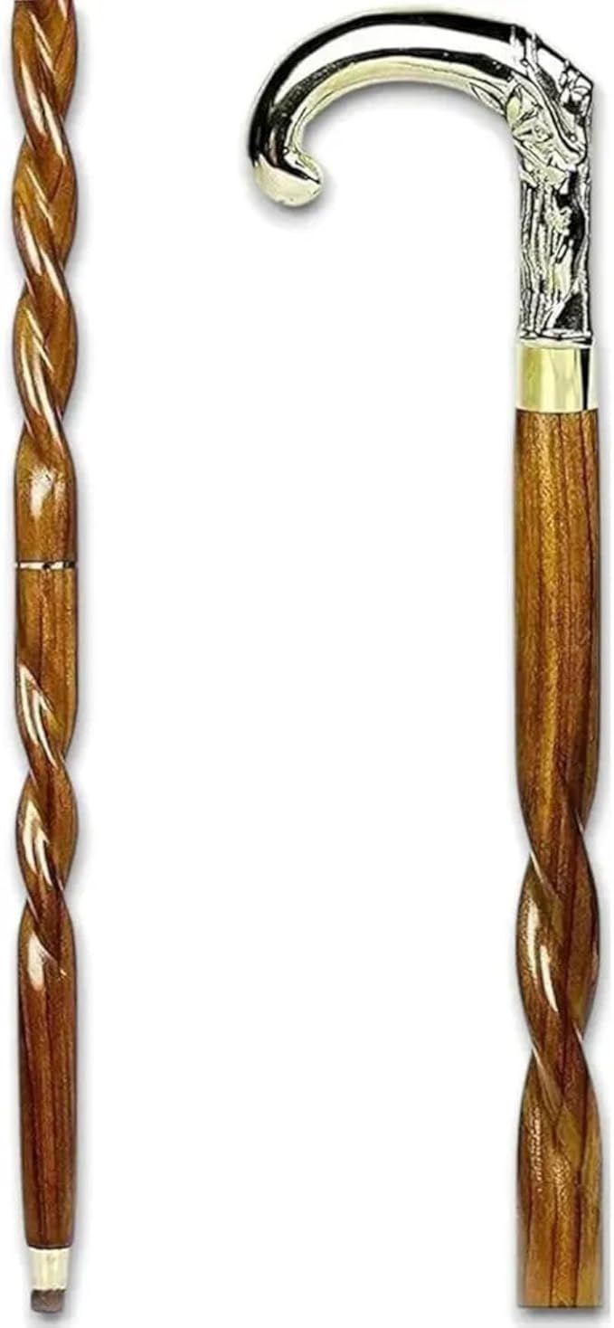 Antique Spiral Brown Wooden Walking Stick with Silver Brass Designer Parrot Handle Walking Wooden Cane for Gift Men & Women