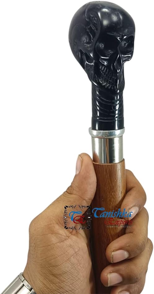 Antique Vintage Solid Skull Head Handle Hardwood Walking Stick, Premium Wooden Handmade Skull Handle in Antique Finish Cane for Men, Women, Elderly People Cane