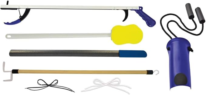 Stop Your Bending 7 Piece Hip Kit, 26" Reacher, Sock Aid with Foam Handles, 27" Dressing Stick, 24" Metal Shoehorn, 2 Pair Elastic Shoelaces, Long Handle Sponge, Blue Jay, Mobility Aid