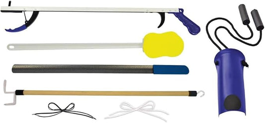 Stop Your Bending 7 Piece Hip Kit, 26" Reacher, Sock Aid with Foam Handles, 27" Dressing Stick, 24" Metal Shoehorn, 2 Pair Elastic Shoelaces, Long Handle Sponge, Blue Jay, Mobility Aid