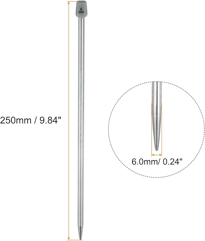 uxcell 4Pcs 6mm(J) Single Pointed Knitting Needles Stainless Steel 9.84 Inches Length Metal Weaving Tool for Handmade Projects DIY Knitting