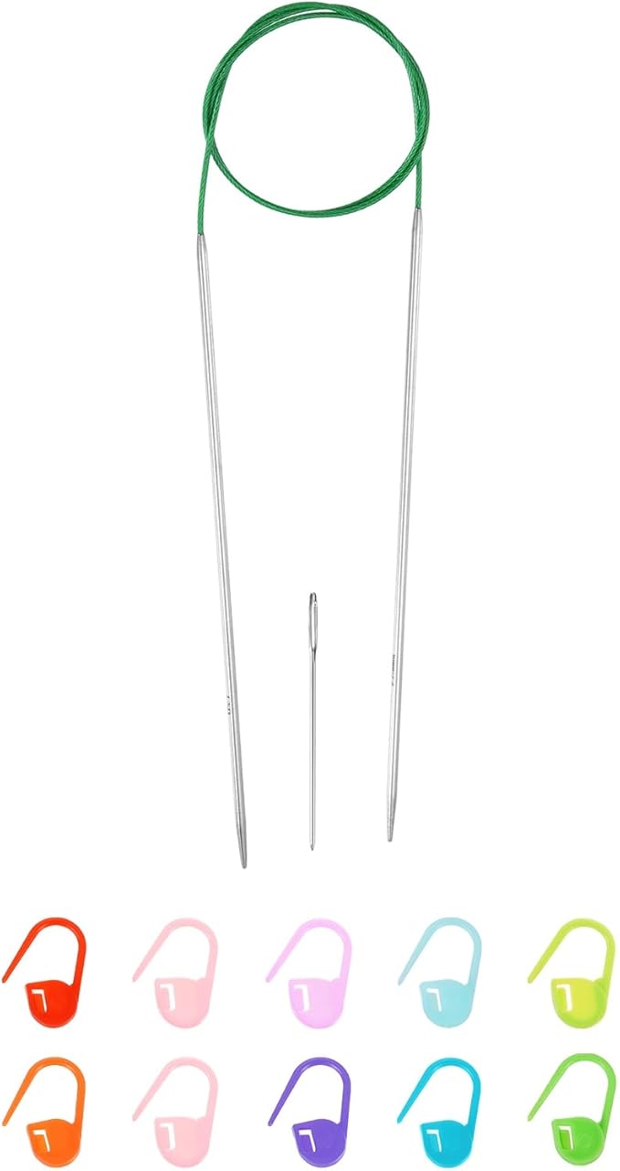 uxcell 1 Gauge Knitting Circular Needle 26 Inch(65cm) Metal Round Stainless Steel Needle with Large Eye Sewing & Stitch Markers for Handmade Projects DIY Knit Blankets