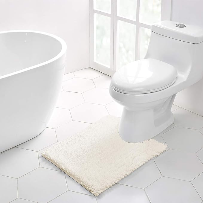 Walensee Bathroom Contour Rug Non Slip Toilet U Shaped Bath Mat (20x24, Ivory) Water Absorbent Super Soft Shaggy Chenille Machine Washable Dry Extra Thick Perfect Absorbant Best Plush Carpet