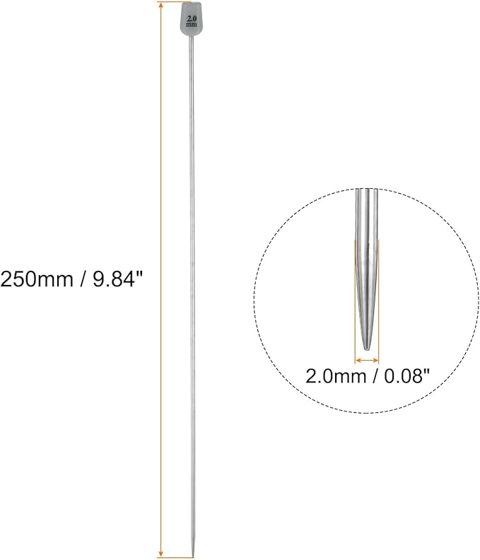 uxcell 2Pcs 2mm(B) Single Pointed Knitting Needles Stainless Steel 9.84 Inches Length Metal Weaving Tool for Handmade Projects DIY Knitting